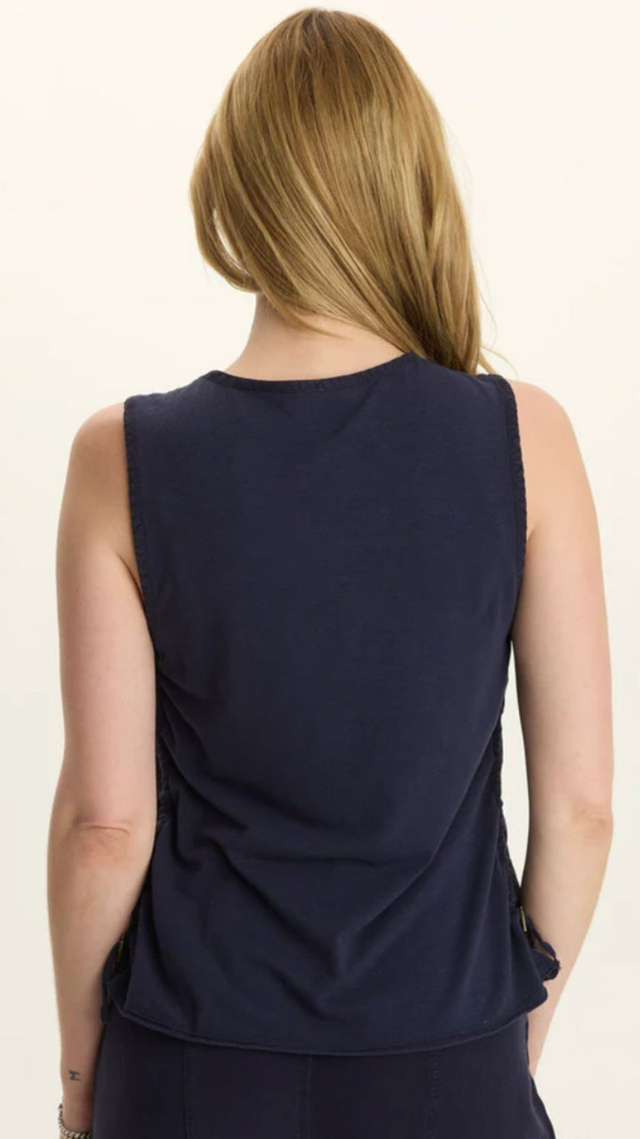 Navy Ileana Cinched Soft Twill V Neck Tank