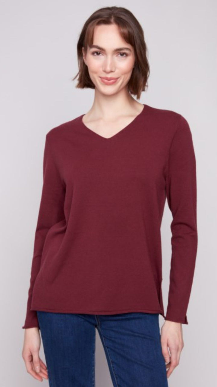 Cabernet V Neck Sweater With Side Slit