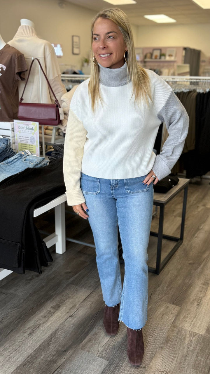 Colorblock Mock Neck Sweater