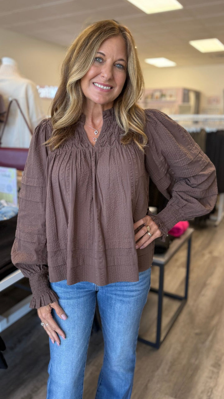 Smocked Cuff Textured Long Sleeve Blouse