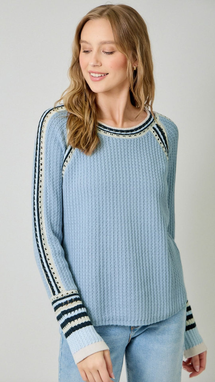 Soft Blue Raglan Sleeve Trim Detail Sweater Top