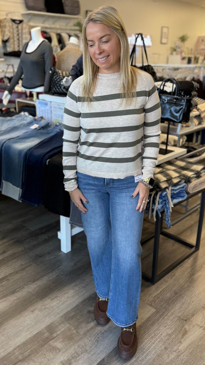 Olive And Oatmeal Striped Round Neck Top