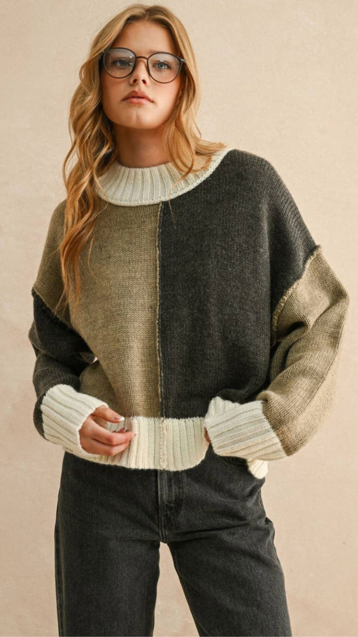 Olive And Charcoal Colorblock Sweater