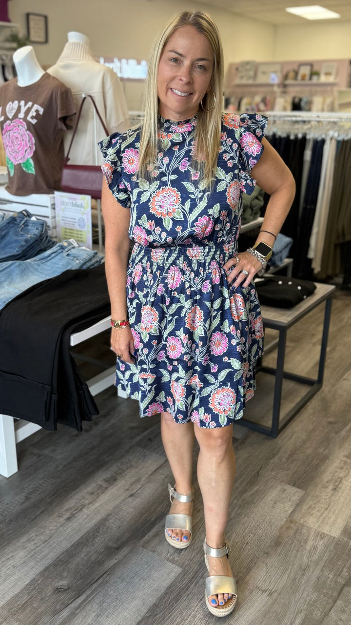 Smocked Waist Flutter Sleeve Floral Dress