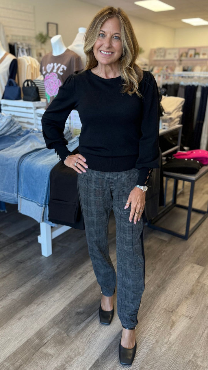 Charcoal Nestor Plaid And Stripe Ponte Pant