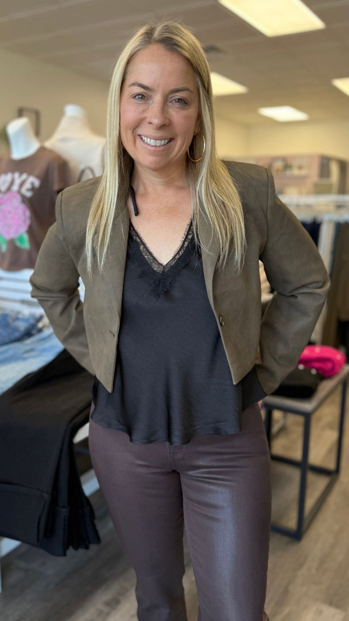 Olive Faux Leather Cropped Blazer