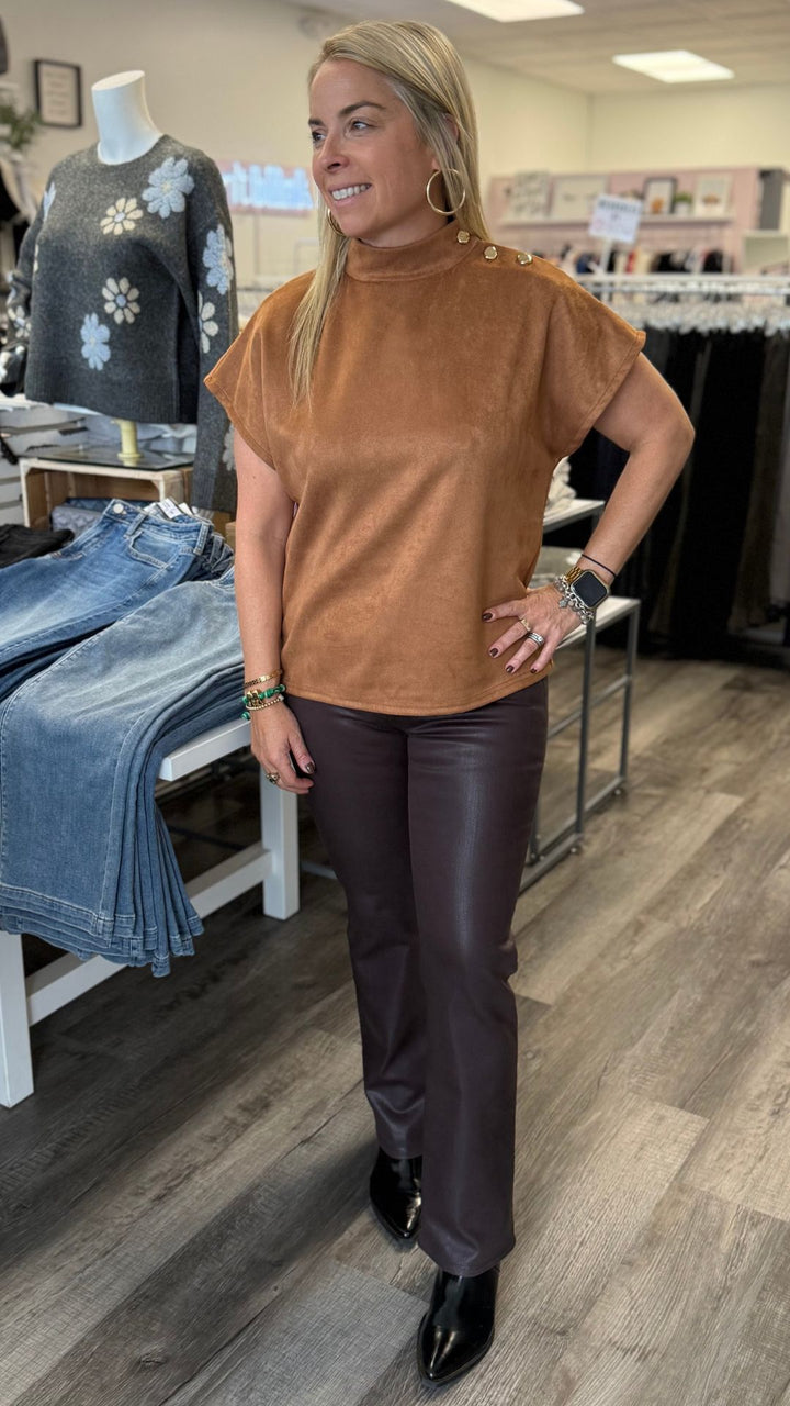 Camel Button Detail Short Sleeve Suede Top