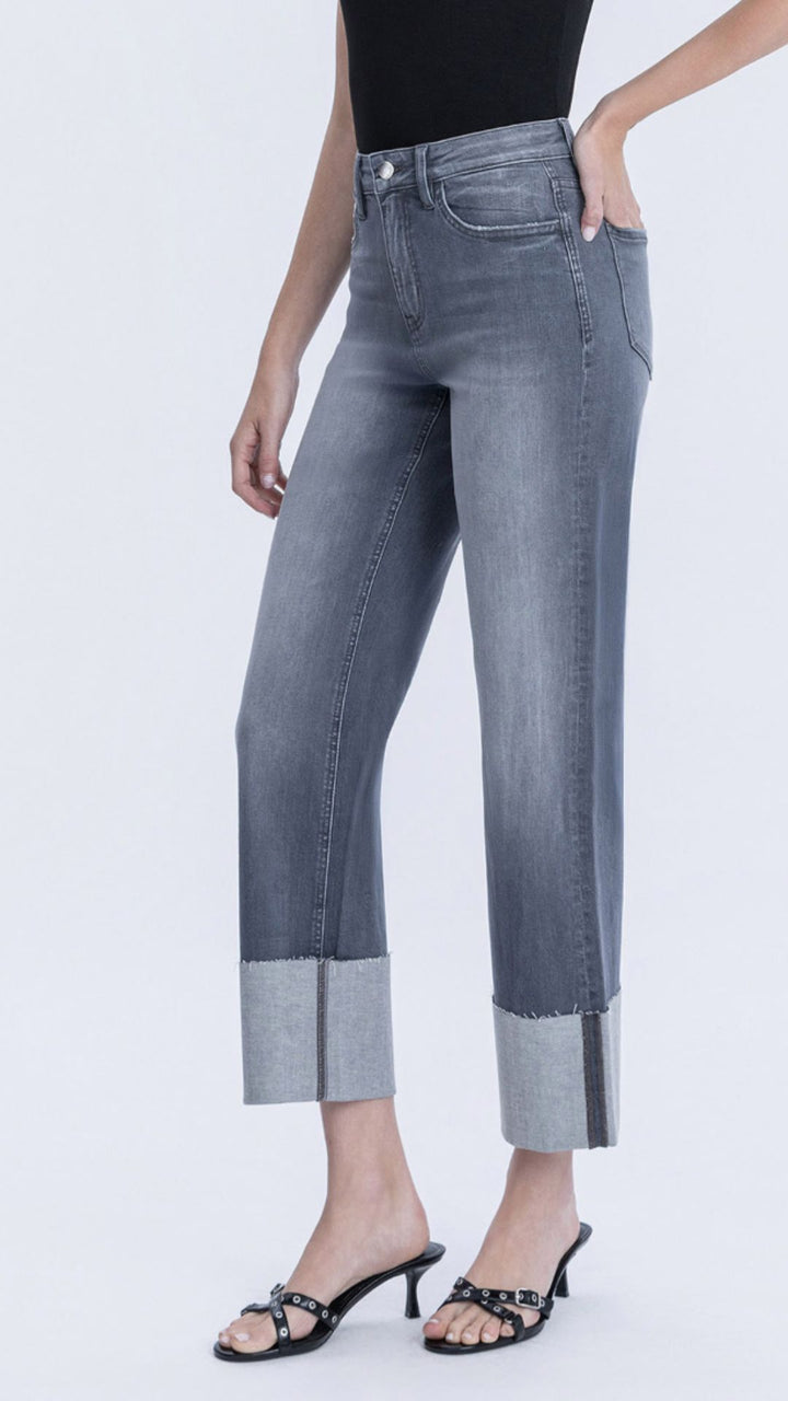 High Rise Dark Gray Cuffed Slim Wide Leg Jeans