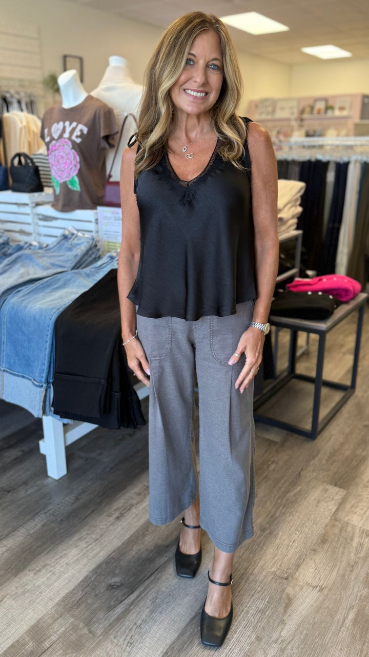 Charcoal Eileen Twill Wide Leg Crop Pants