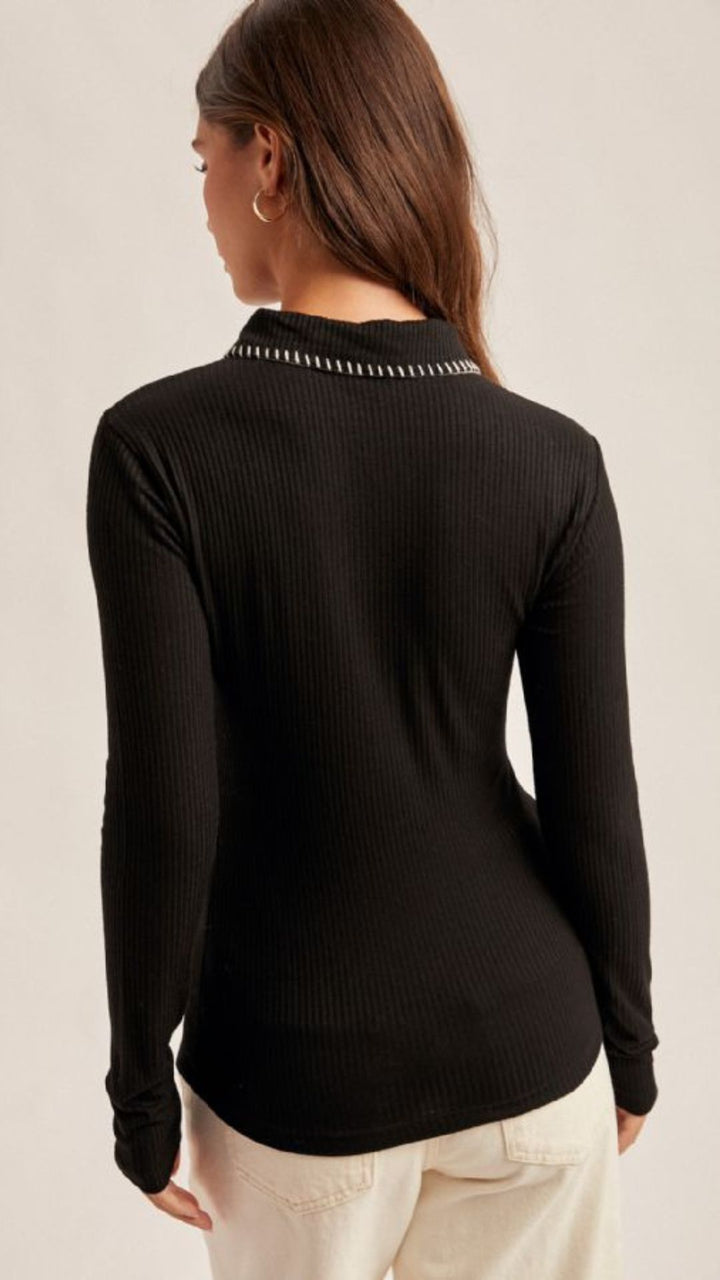 Contrast Stitch Collar Button Down Rib Long Sleeve