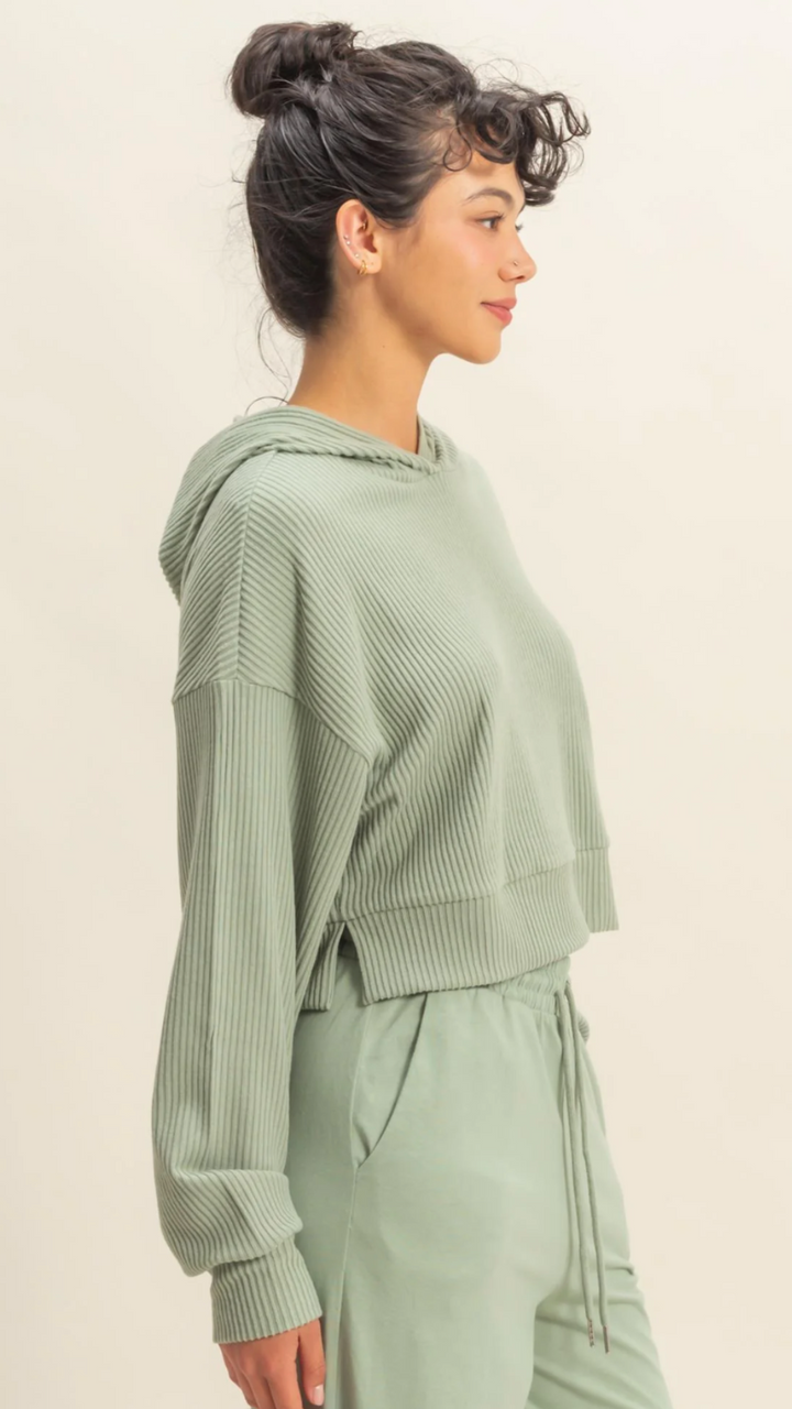 Sage Green Drop Shoulder Casual Cropped Ribbed Hoodie