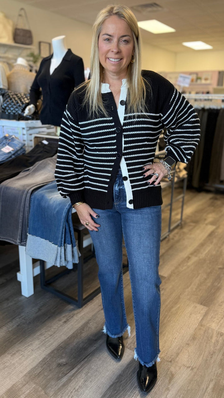 Black And Cream Stripe Balloon Sleeve Cardigan