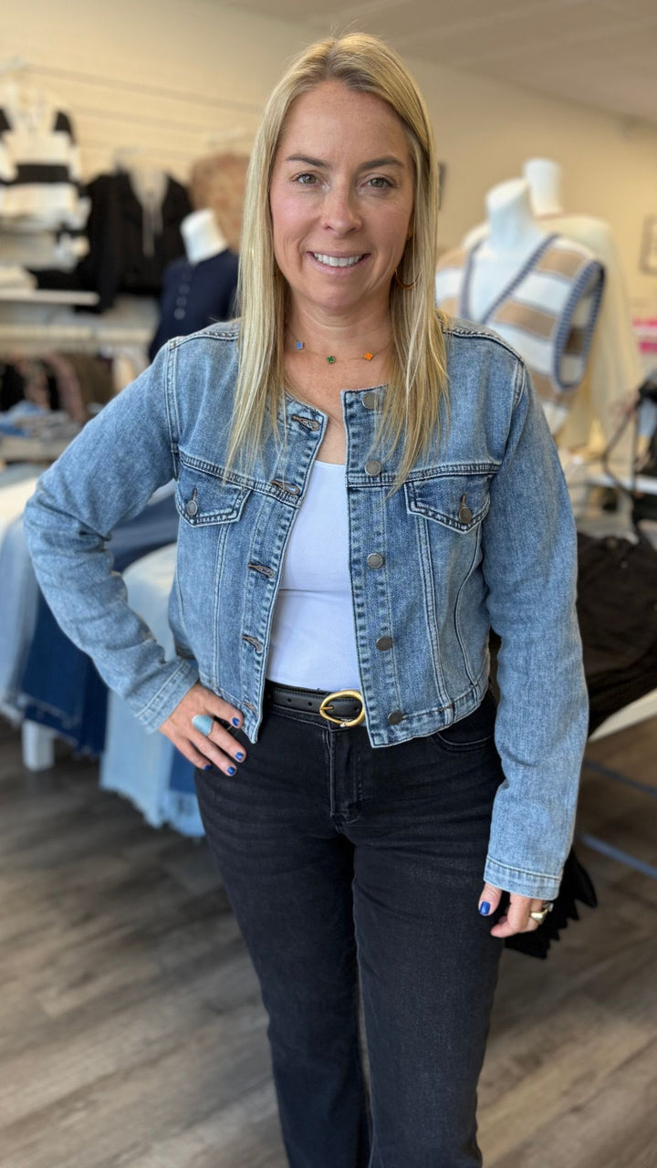 Medium Wash Collarless Denim Jacket