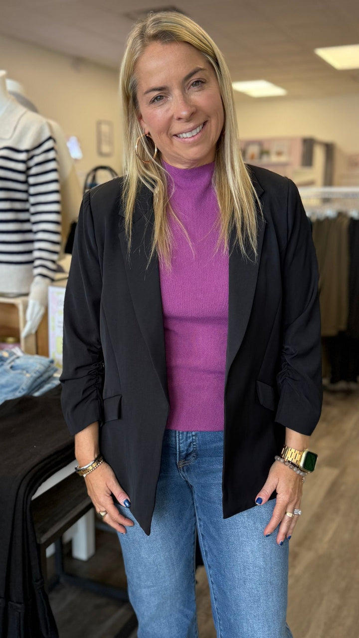 Black Shirred Sleeve Blazer