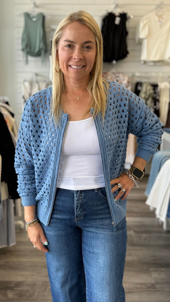 Blue Open Knit Sweater Cardigan