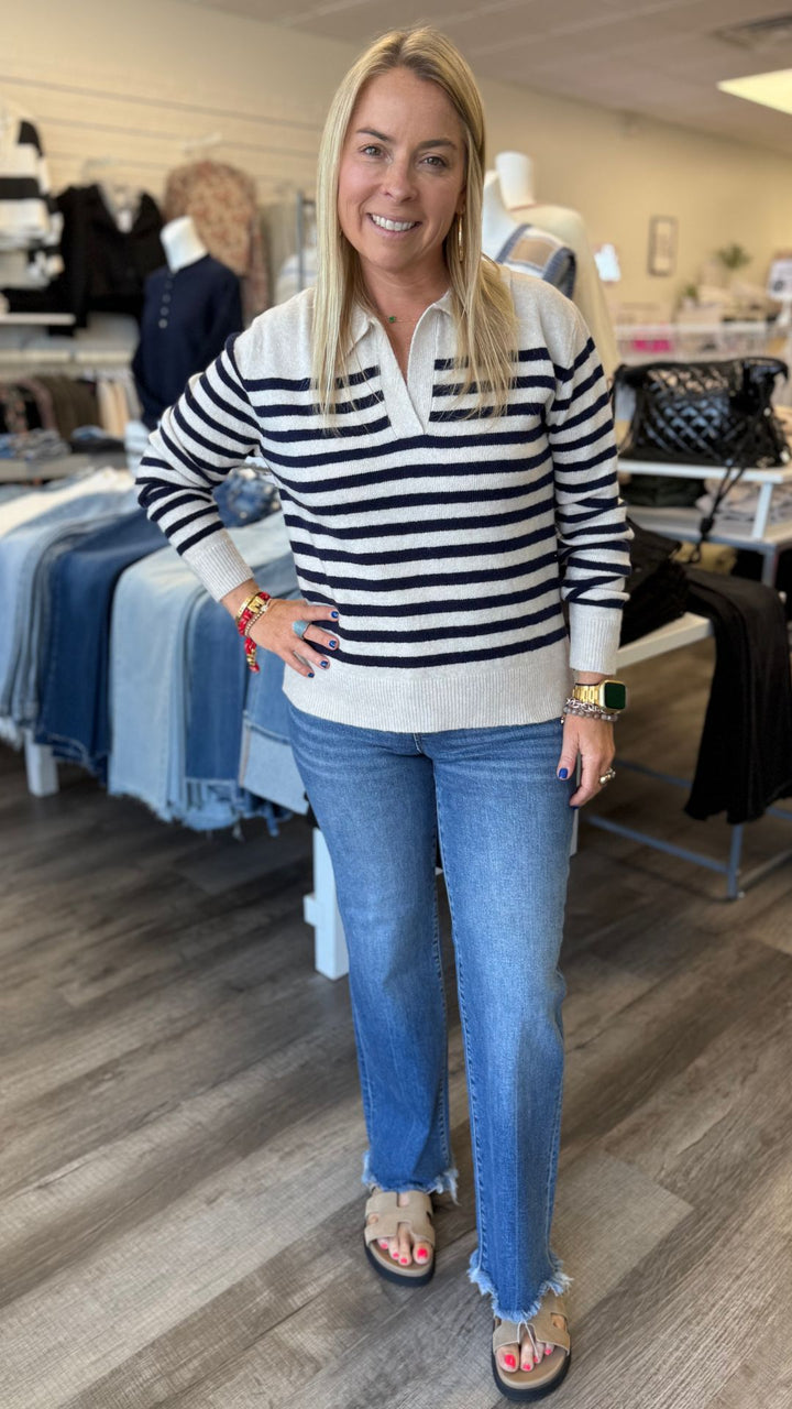 Soft Fuzzy Navy Striped Polo Sweater