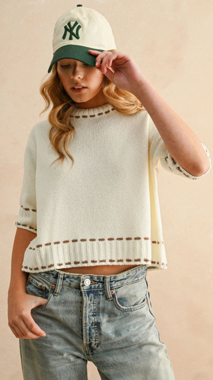 Brown Stitch Detail Short Sleeve Sweater