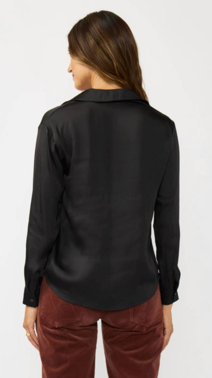 Black Split Neck Satin Blouse