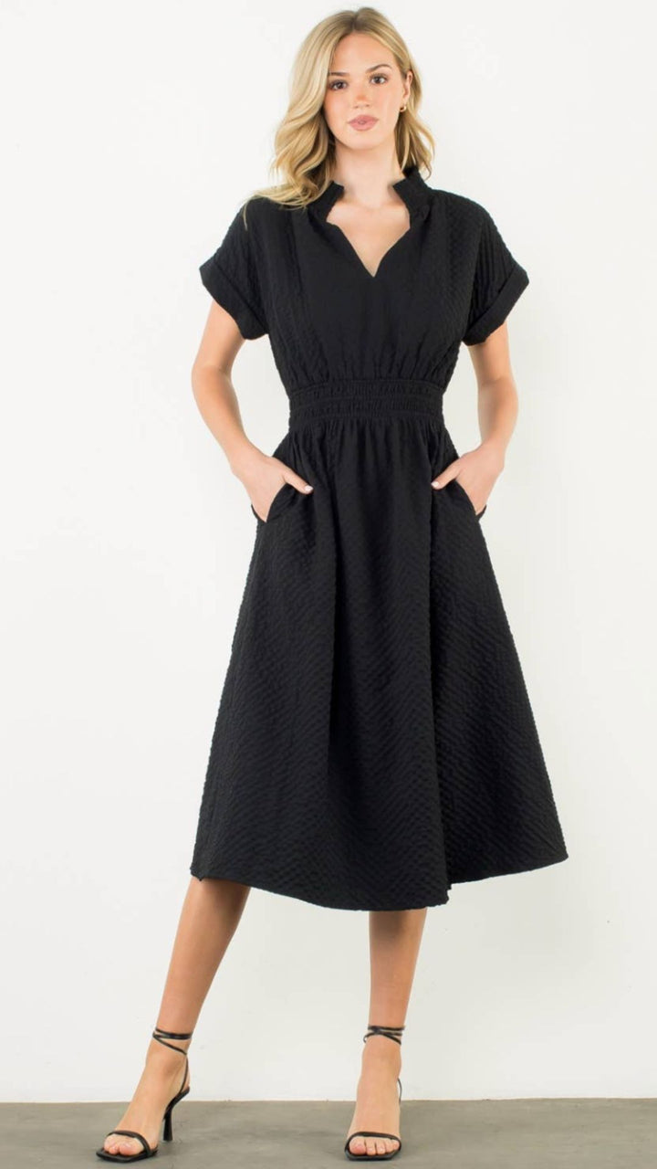 Textured Split Neck Smocked Waist Midi Dress