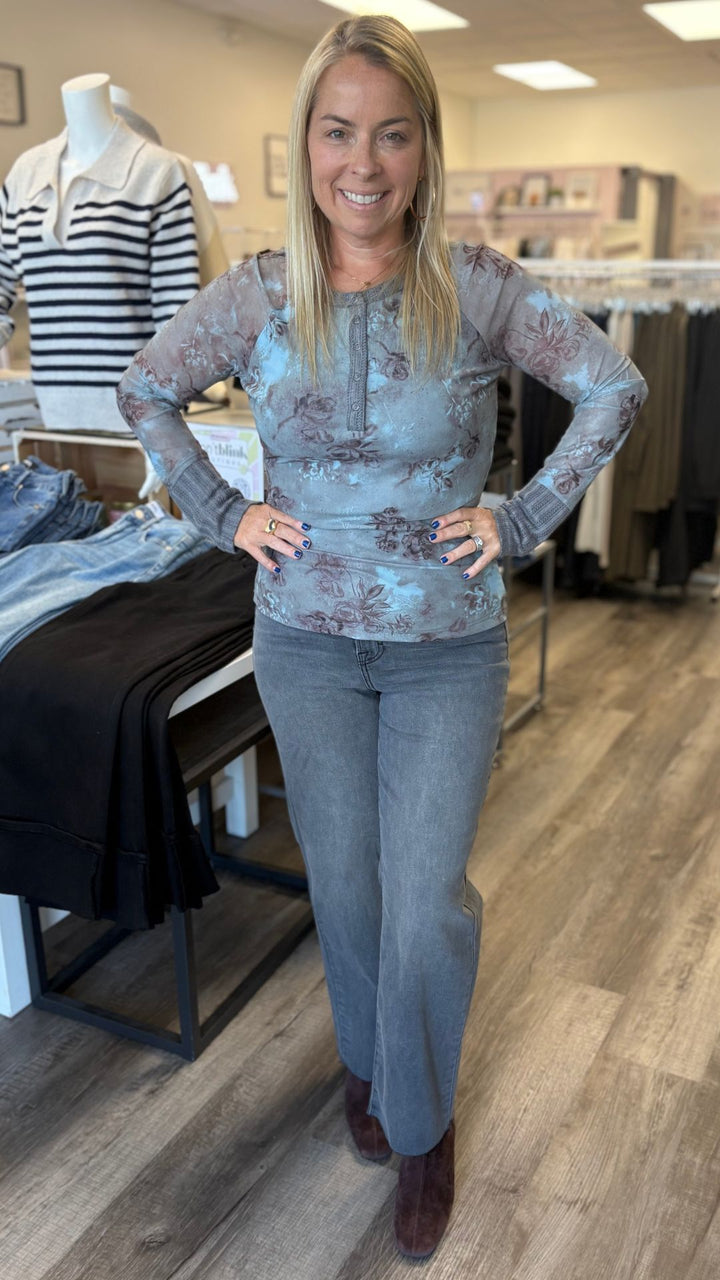 Mesh Floral Print Henley Top