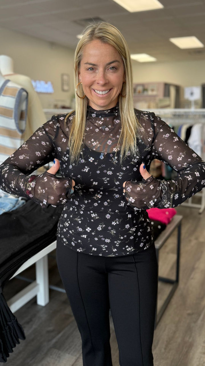 Cabbage Hem Floral Print Mesh Long Sleeve Top