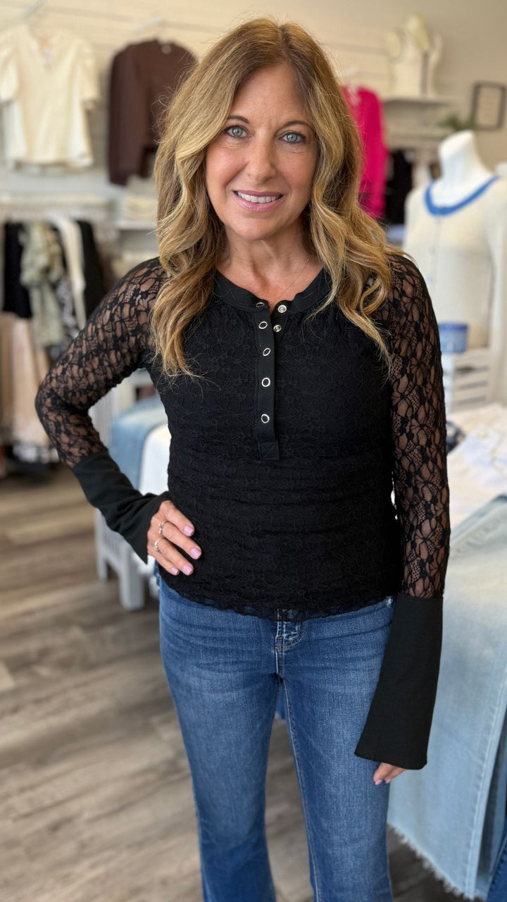 Floral Lace Raglan Sleeve Henley Top