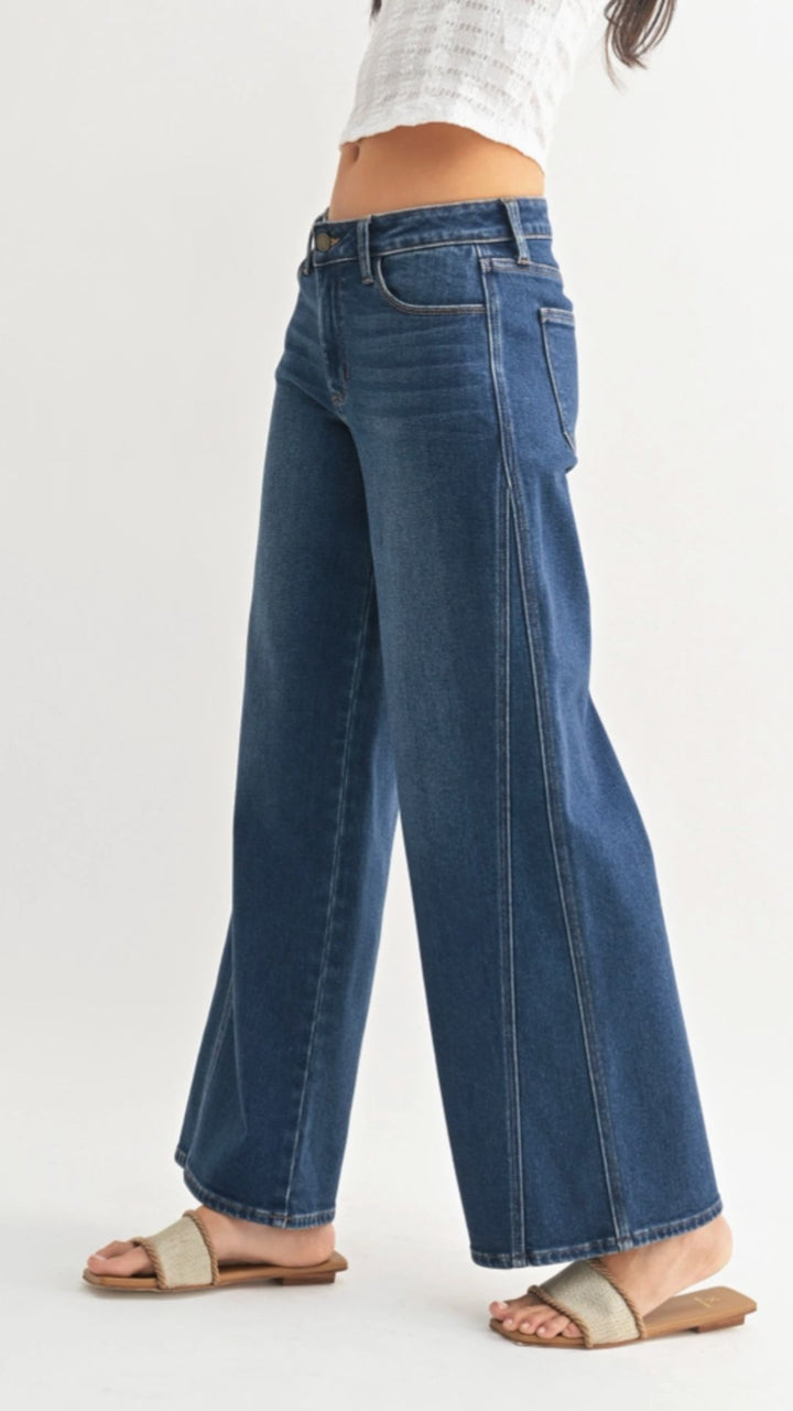Mid Rise Dark Wash Full Length Seamed Wide Leg Jeans