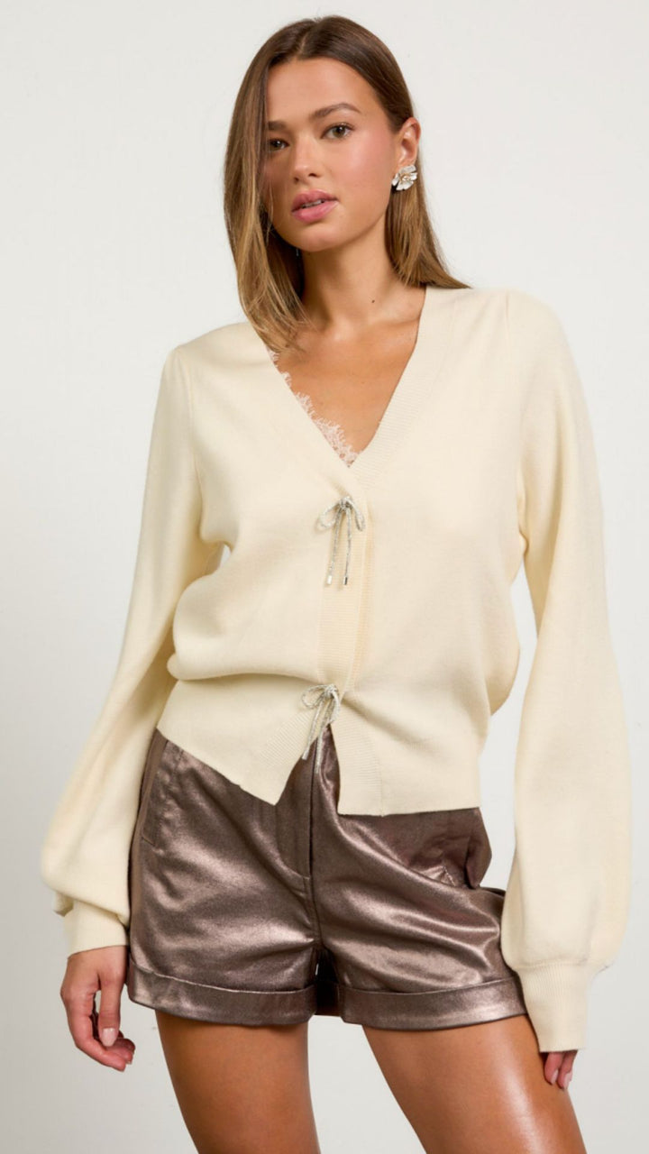 Cream Ribbon Trim Puff Sleeve Cardigan