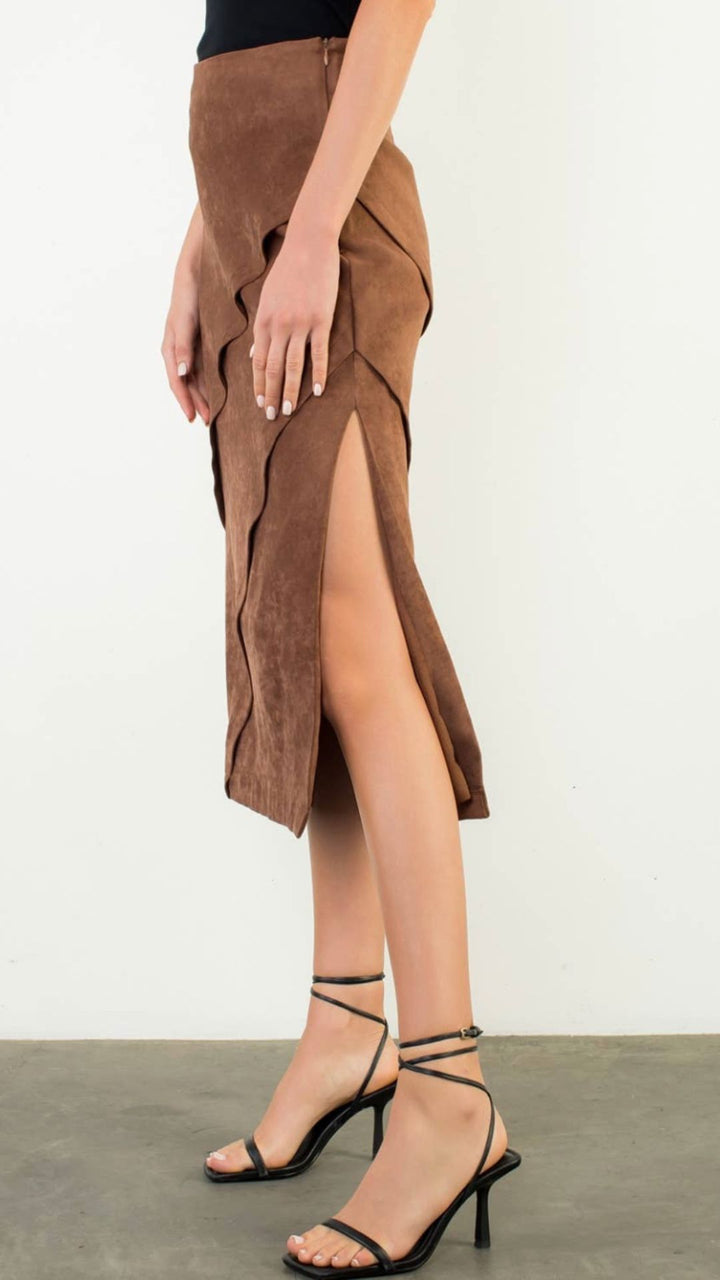 Brown Suede Wrap Detail Midi Skirt