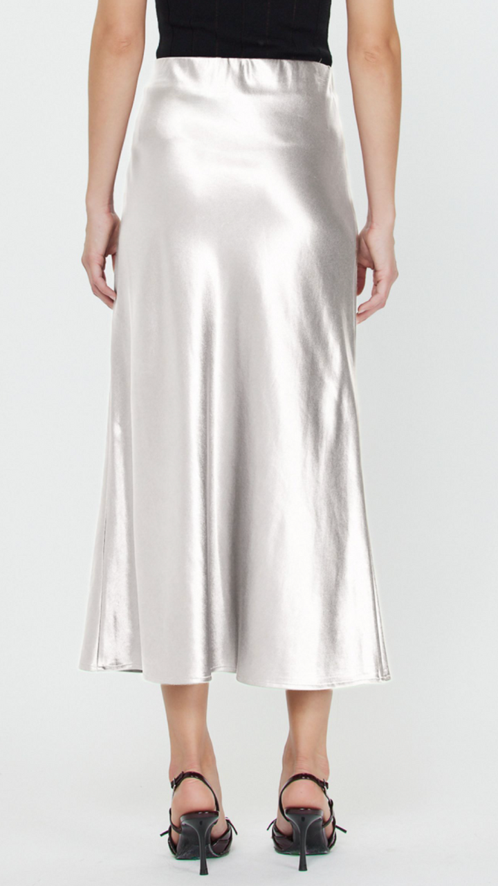 Silver Metallic Silk Midi Skirt