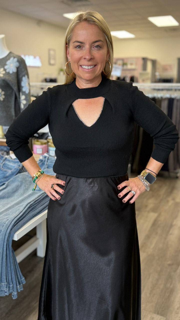 Black V Neck Stud Trim Detailed Top