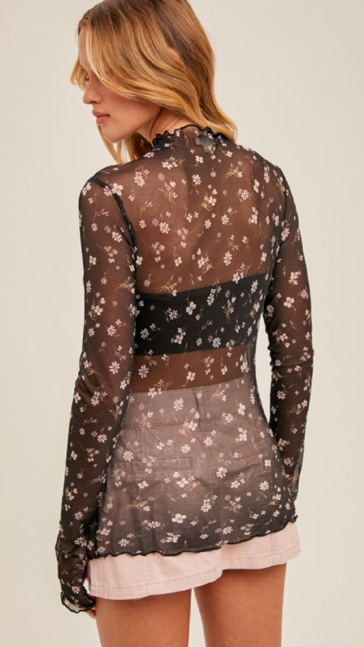 Cabbage Hem Floral Print Mesh Long Sleeve Top