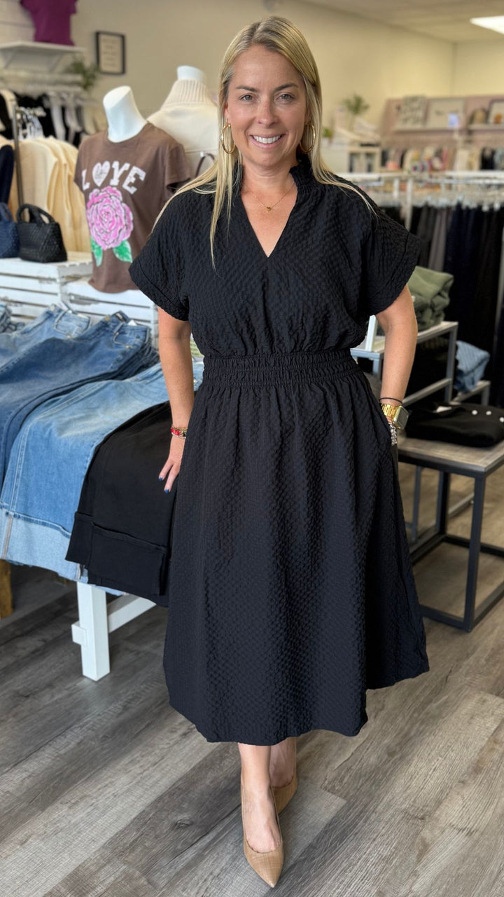 Textured Split Neck Smocked Waist Midi Dress