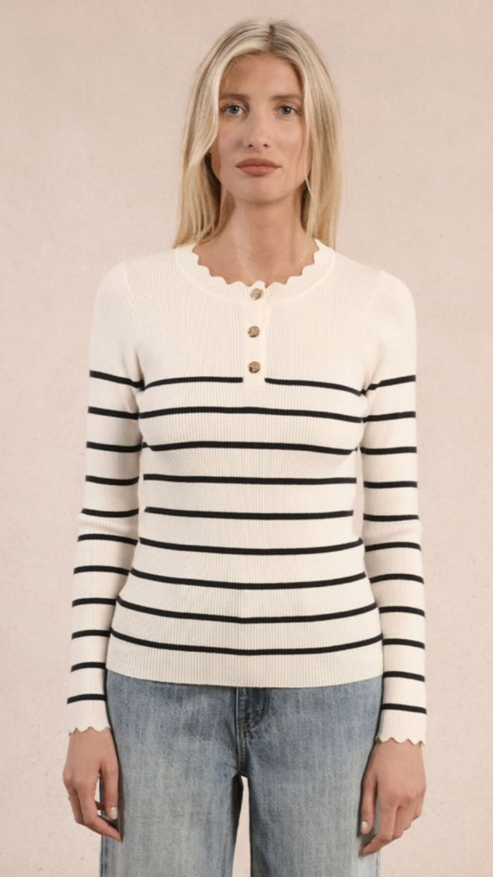 Off White And Navy Stripe Buttoned Scalloped Detail Top