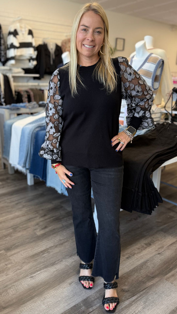 Contrast Embellished Sleeve Crew Neck Sweater