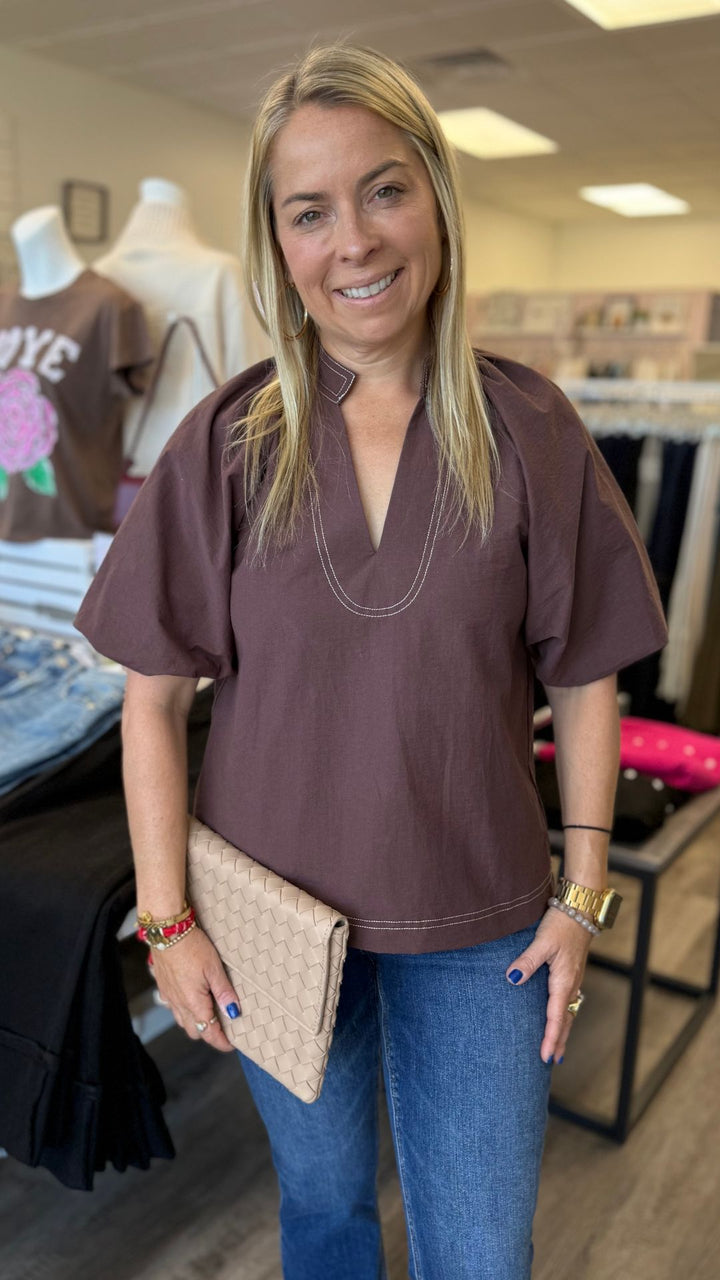 Contrast Stitch Puff Sleeve Blouse