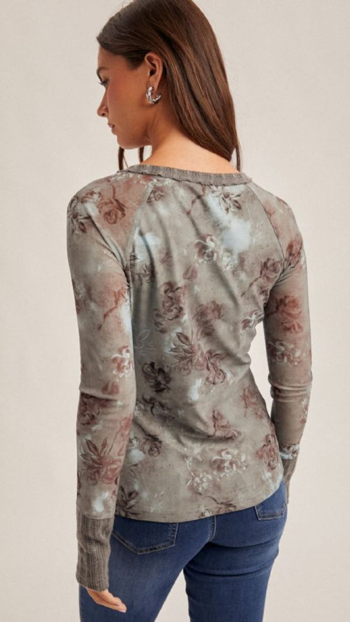 Mesh Floral Print Henley Top