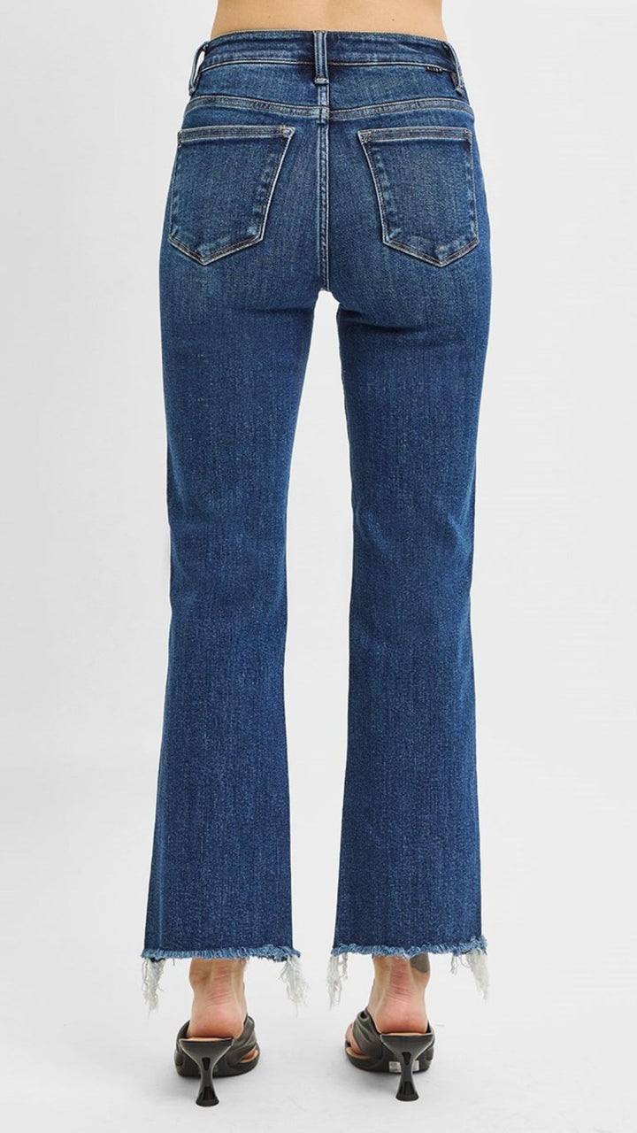 High Rise Tummy Control  Dark Wash Frayed Straight Jeans