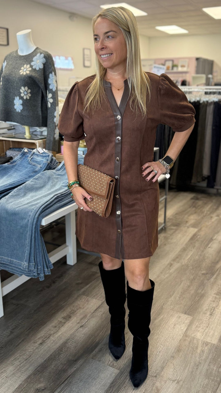 Brown Puff Sleeve V Neck Button Up Suede Dress