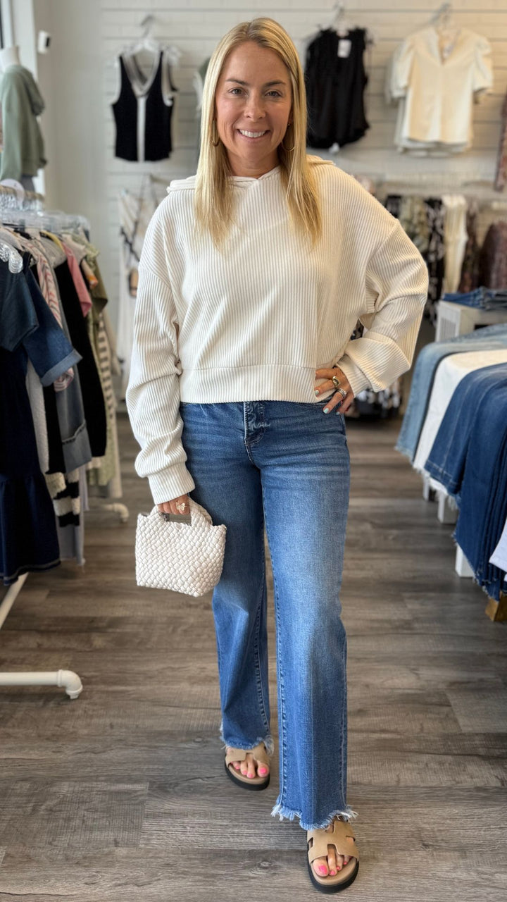 High Rise Tummy Control Medium Wash Frayed Bottom Straight Jeans