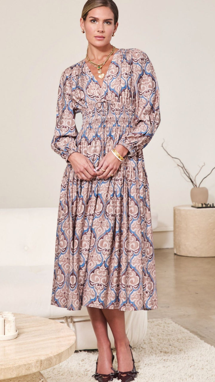 Mauve And Brown Pattern Midi Dress