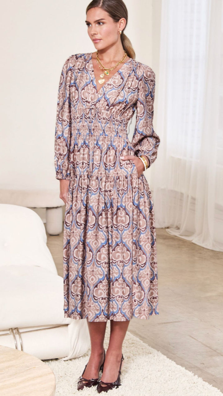 Mauve And Brown Pattern Midi Dress