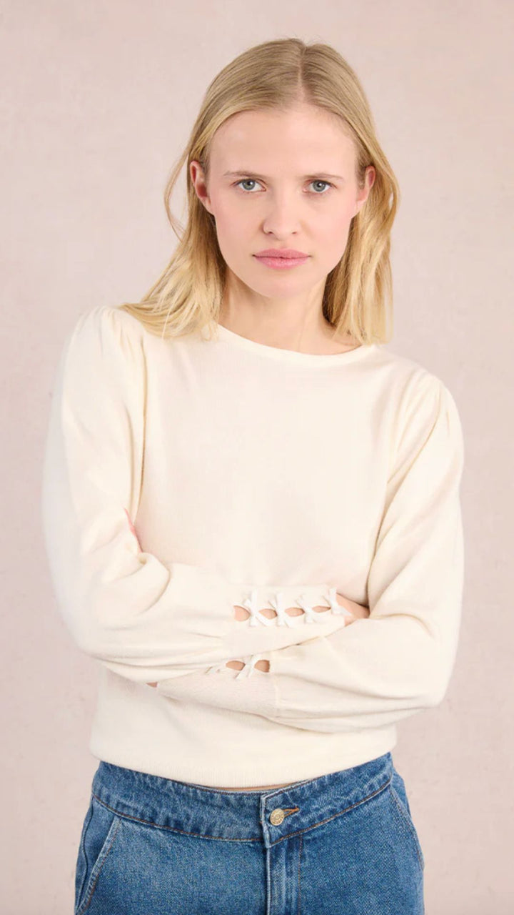 Off White Bow Detail Long Sleeve Knit Top