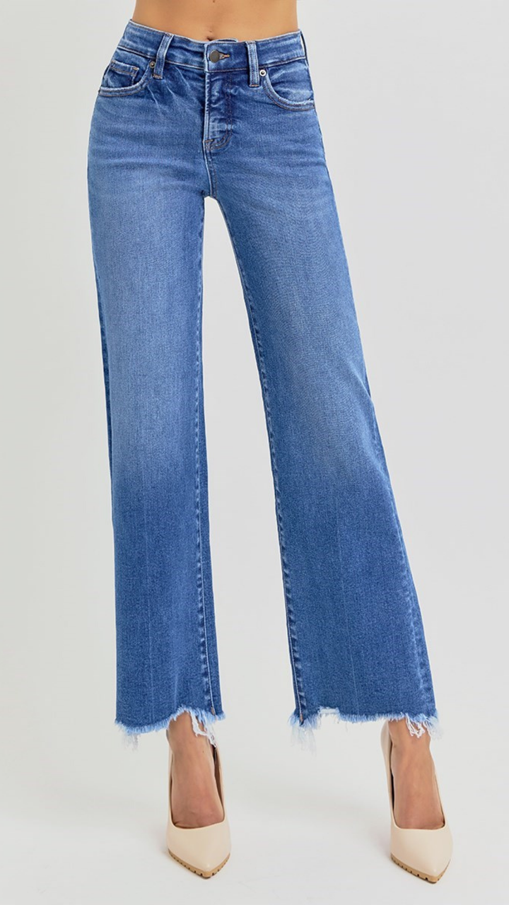 High Rise Tummy Control Medium Wash Frayed Bottom Straight Jeans