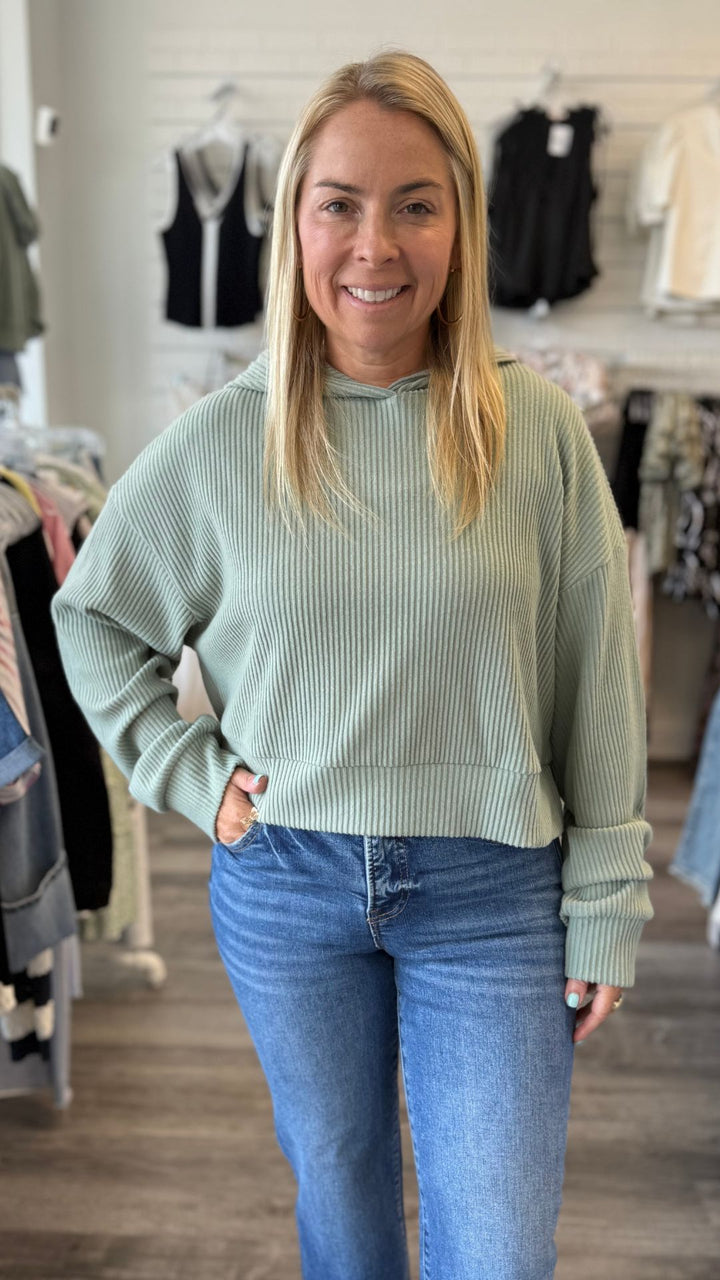 Sage Green Drop Shoulder Casual Cropped Ribbed Hoodie