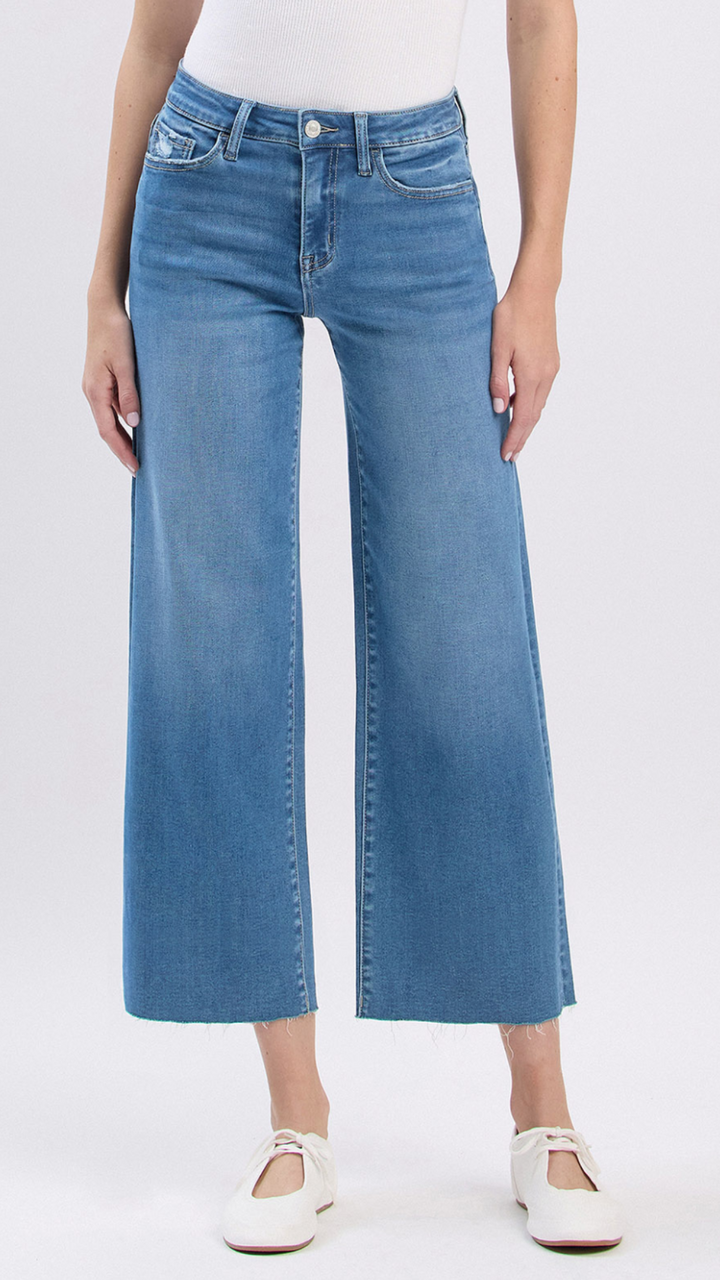 High Rise Medium Wash Super Soft Crop Slim Wide Jeans