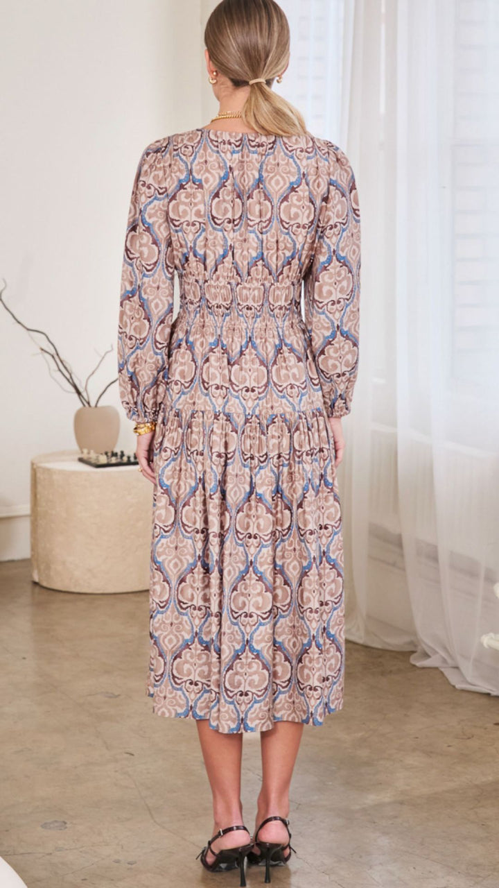 Mauve And Brown Pattern Midi Dress