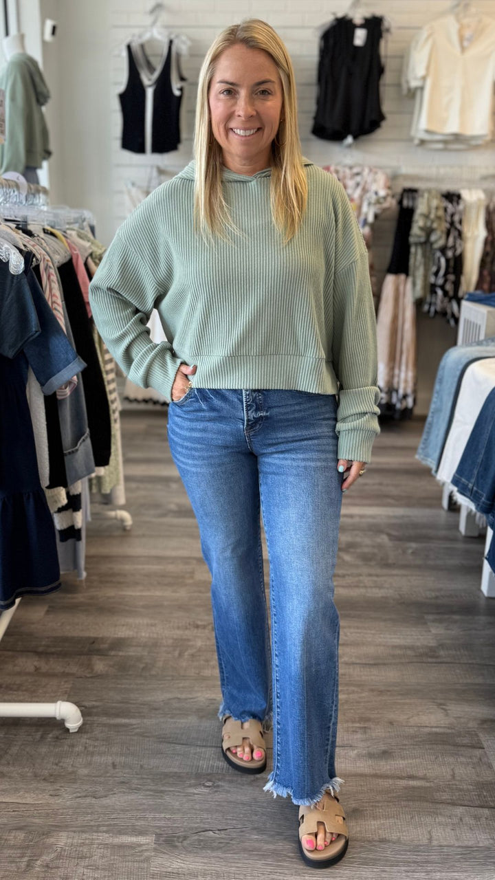 Sage Green Drop Shoulder Casual Cropped Ribbed Hoodie