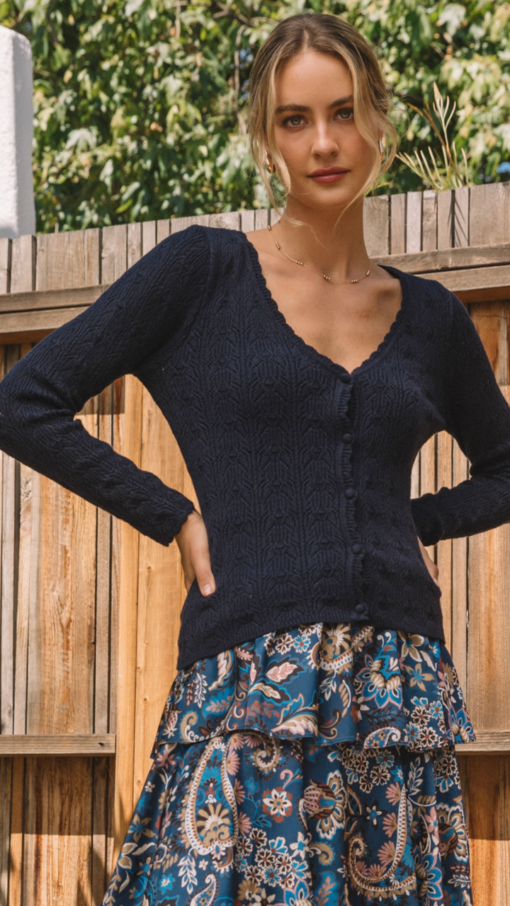 Navy Pointelle Knit Scallop Detail Cardigan