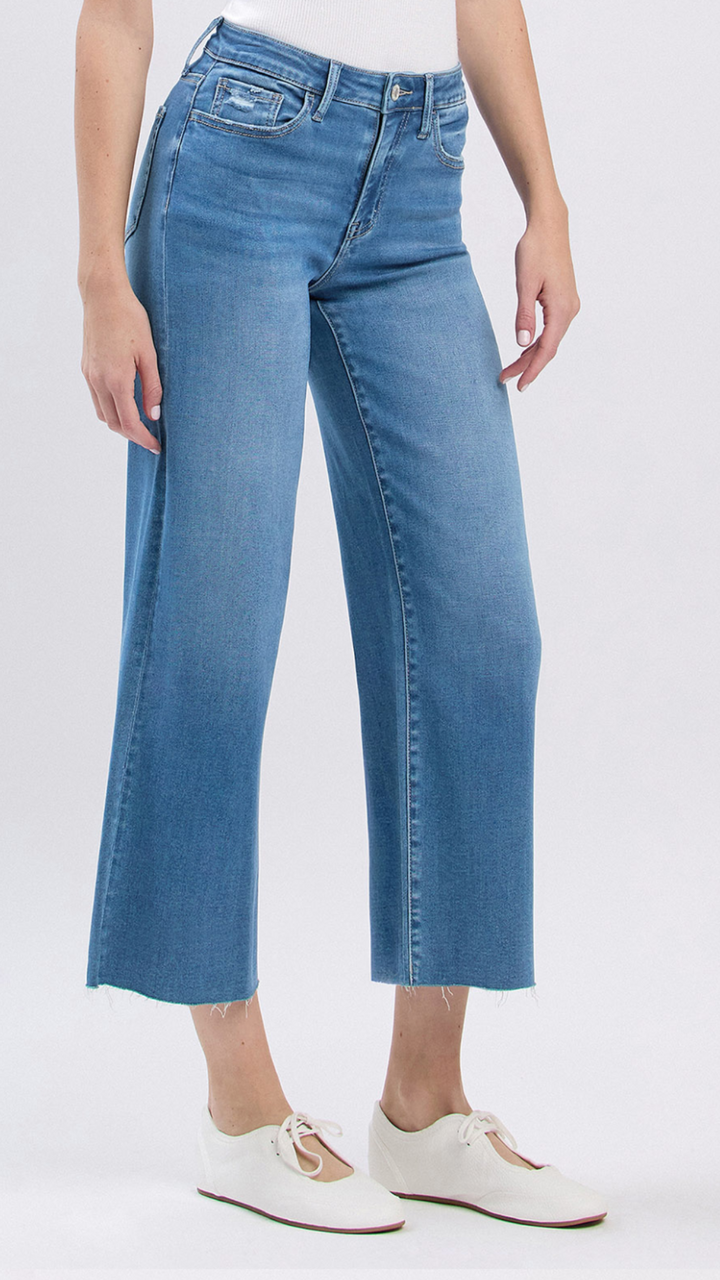 High Rise Medium Wash Super Soft Crop Slim Wide Jeans